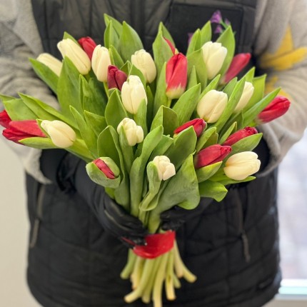 Заказать букет белых и красных тюльпанов недорого с доставкой в Красноярске